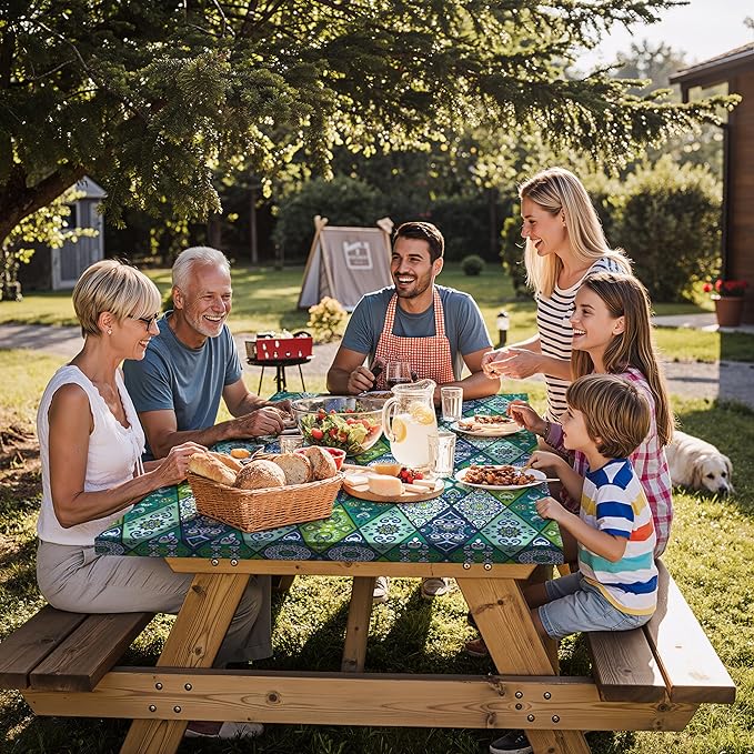Fitted Waterproof Picnic Table Cover with Bench Covers Elastic 96×30In 3 Piece Camping Table Cloth for 8Ft Rectangle Tables Outdoor Camper Gifts Supplies Patio Rv Traveling Hiking Must Haves