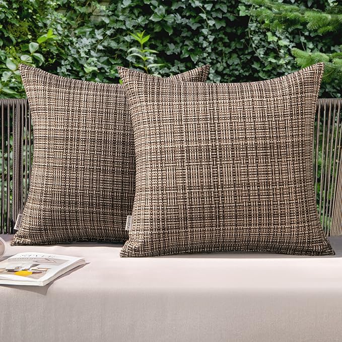MIULEE Outdoor Waterproof Throw Pillow Covers Decorative Farmhouse Water Resistant Cushion Covers for Tent Patio Garden Couch Sofa Pack of 2, 20x20 Inch Brown