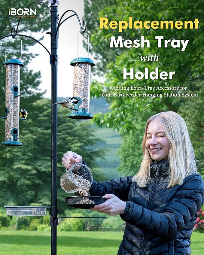 iBorn Bird Feeders Station Mesh Tray and Ring for 1” Pole Stand Station Outdoor Accessory for Humming Bird Feeders for Outside,5SECOND to Install,Fit for 1 Inch Pole,1 Inch Wooden Stick,Pack of 1