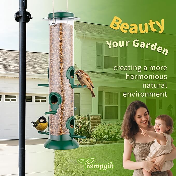 Metal Tube Bird Feeders for Outdoors Hanging,Finch Feeders for Outside,Chew-Proof Hanging Birdfeeder,Squirrel-Proof 6 Ports Bird Feeder 13 Inch,Anti-Rust,Green,1 Pack(Seed is not Included)