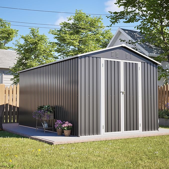 KEIKI Storage Shed 12x8 FT, Large Metal Tool Shed for Outdoor Storage, Galvanized Steel Garden Shed with Lockable Doors for Patio, Backyard, Lawn, Grey