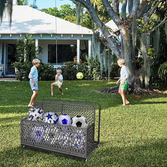 Garvee Pool Float Storage Organizer with Wheels, Outdoor Wicker Pool Storage Bin for Floats & Toys, Rolling Poolside Storage Rack for Patio Backyard Deck Box