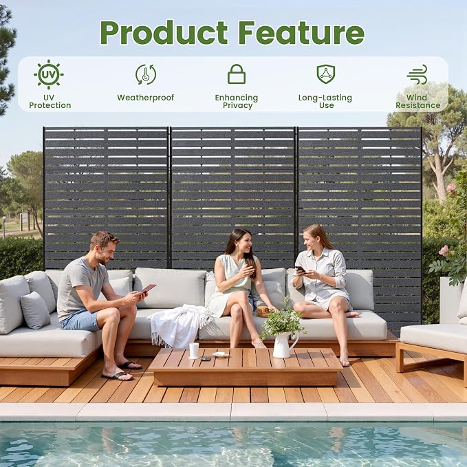 Privacy Screen Outdoor 60" H HDPE Decorative Freestanding Privacy Panel, Garden Divider Panels with Sandblasting Louvered Design, Privacy Screens Fence with Stand for Outside, Patio, Balcony