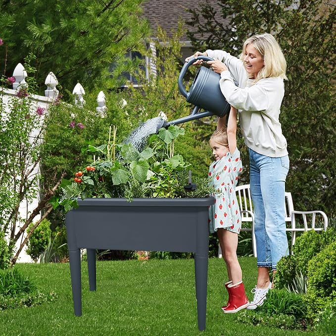 FENCETECH 20.8 Gallon Self Watering Raised Garden Bed with Greenhouse Cover, 30" x 25.6" x 15" Plastic Plant Box with Legs and Drainage Plug, Grey
