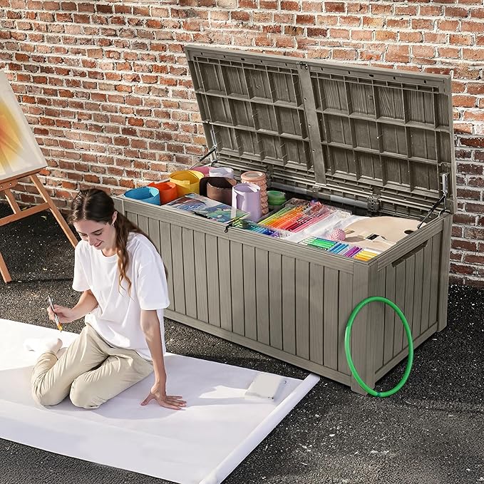 DWVO 180 Gallon XL Deck Box with Divider & Lockable Lid, Waterproof Resin Outdoor Storage for Patio, Garden, Poolside, Cushions, Supplies & Sports Gear, Light Brown