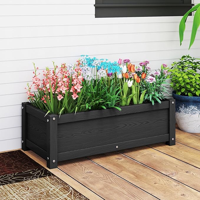 HDPE Raised Planter Box Outdoor,Rot-Resistant and Non-Cracking,Small Raised Beds for Gardening 29.5 * 14.4 * 9.8 in for Yard,Lawn,Outdoor Planter Boxes Rectangle with Drainage Holes Black