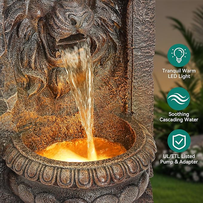 AUTODAYA 30" Majestic Lion Head Outdoor Water Fountain, Rustic Stone Pedestal Cascading Water Feature with Warm LED Lights, Tranquil Oasis for Outside Garden Patio Yard Decor