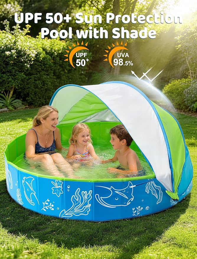 Hikiddy Foldable Kiddie Pool with Canopy: 31.5in/ 47in /63in for Baby Toddler Kids Family - Summer Water Play Pool with Shade - Portable for Outdoor Backyard Beach (Blue-Green, 63in)