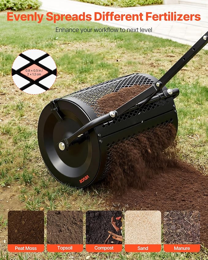 VEVOR Compost Spreader, 16.5" Wide Peat Moss Spreader with T Shaped Handle, 3 Heights Adjustable, Powder-Coated Steel Garden Peat Moss Roller, Heavy Duty Grass Seed Roller for Planting Seeding, Black
