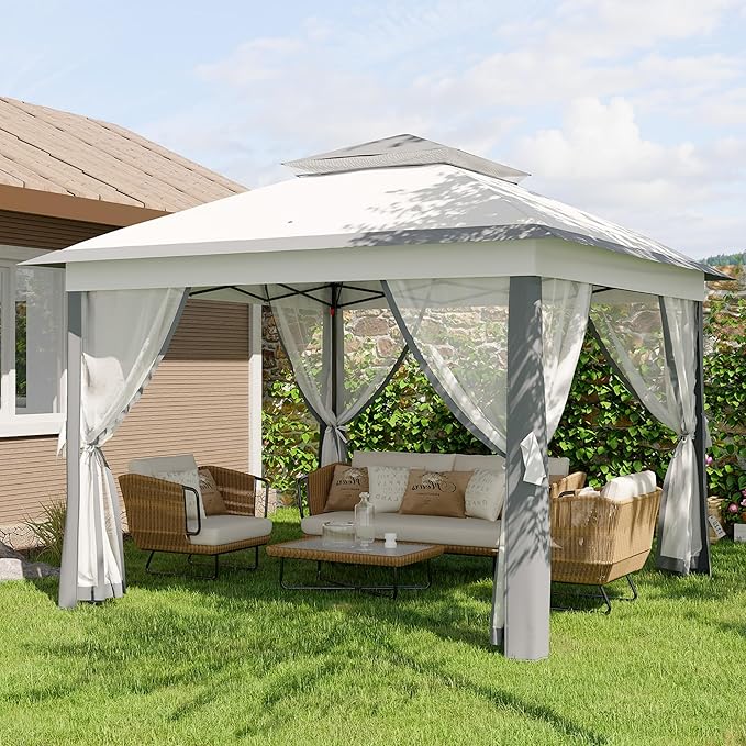 GarveeLife 11'x11 Pop-Up Gazebo, Instant Outdoor Canopy Tent with Mosquito Nettings, Durable Steel Frame, Water, and UV Proof, for Patio, Garden, Courtyard, Party (Grey)