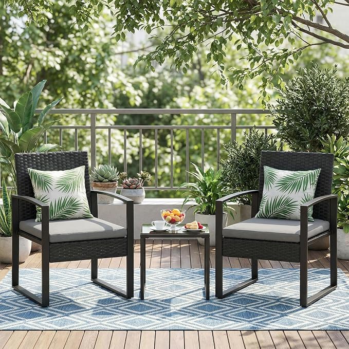 Garvee 3 Pieces Patio Bistro Set, PE Rattan Patio Conversation Set with Tempered Glass Coffee Table, Outdoor Wicker Furniture for Patio Garden Balcony Backyard, Black and Grey