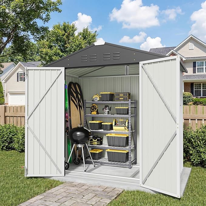 Greesum 6x4FT Outdoor Storage Shed with Base, Utility Tool Shed with Sloping Roof, Metal Storaged Garden Shed with Door & Lock for Patio Storage, White