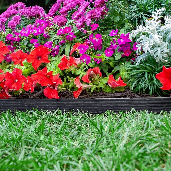 EasyFlex Tall Wall No-Dig Landscape Edging with Anchoring Spikes, 2.5 in. Tall Straight Top Plastic Garden Border with Woodgrain Texture, 40 Foot Kit, Black (3220E-40C)