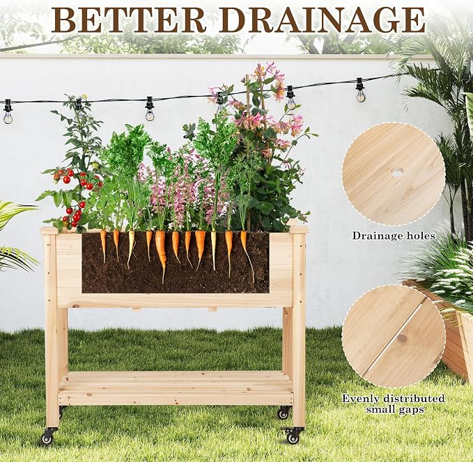 Raised Garden Bed with Lockable Wheels, 40x24x32 inch Elevated Wood Planter with Storage Shelf Protective Liner for Vegetable Flower Herb Outdoor Balcony Patio Backyard, Natural