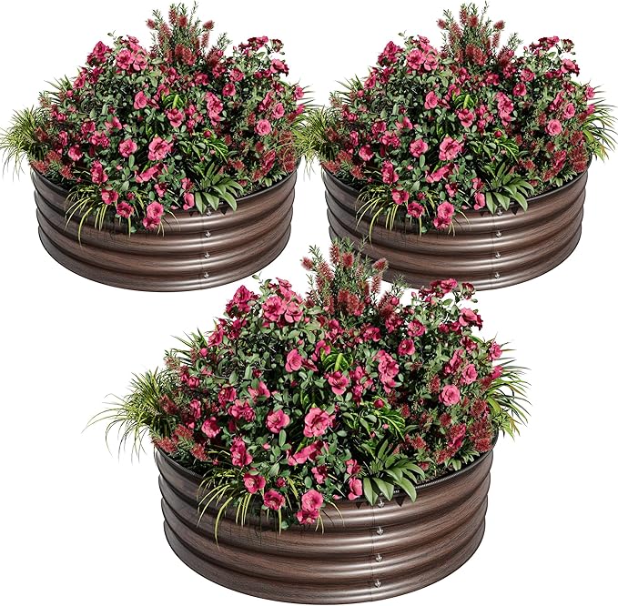 Garvee Round Raised Garden Bed, 3PCS 2 x 1ft Galvanized Raised Boxes with Rust-Resistant, Easy Assembly, Safe Edge, Metal Garden Bed Kit for Planting Vegetables, Fruits, Flowers, Wood