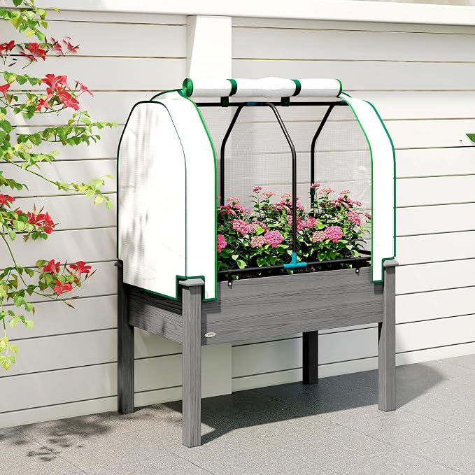 Outsunny Raised Garden Bed with PE Greenhouse Cover Outdoor Elevated Wood Planter Box for Herbs and Vegetables, Use for Patio, Backyard, Balcony, 35 x 22 x 47 inch, Dark Gray