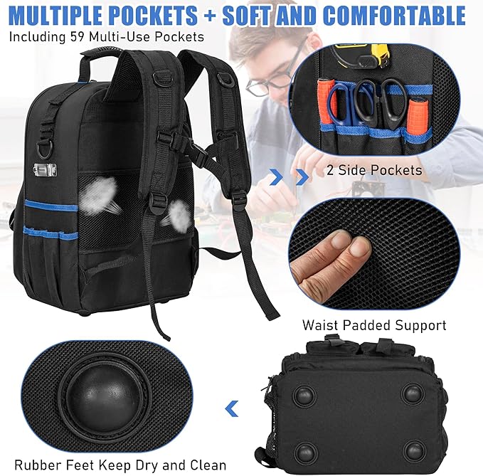 Tool Backpack for Men, Heavy Duty Tool Bag with Removable Tool Organizer, Durable Water-Resistant Work Backpack, Upgrade(Black & Blue)