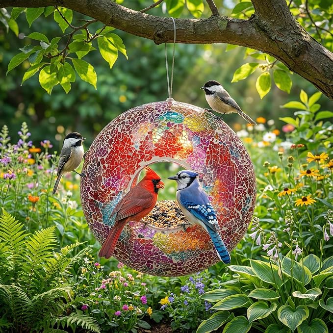 Mosaic Bird Feeder Outdoor Fly Through Wild Hanging Glass Design Birdfeeder for Garden