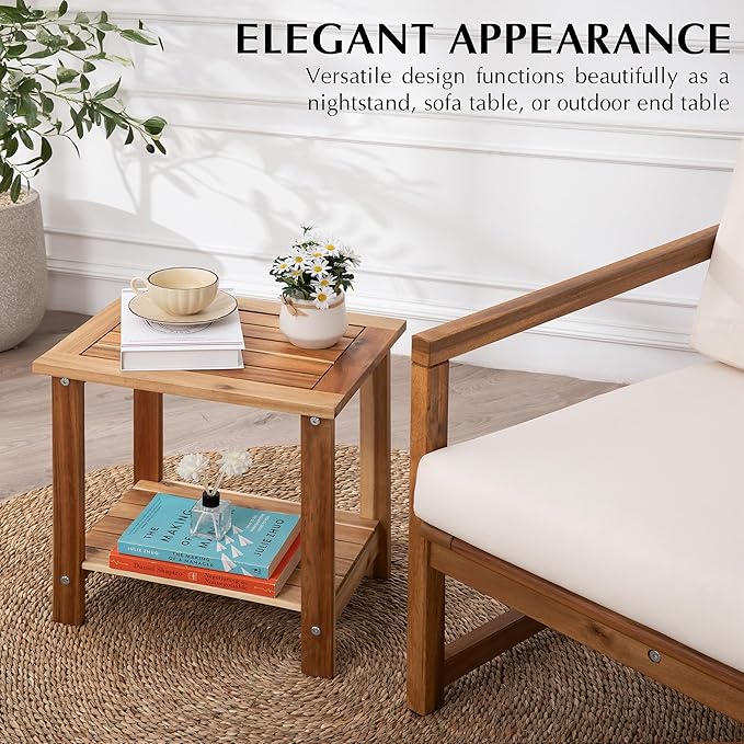 VICTORY RELAX Solid Acacia Wood Side Table with 2-Tier Storage, Weather-Resistant Outdoor Indoor End Table, Light Natural Rustic Color Night Stand