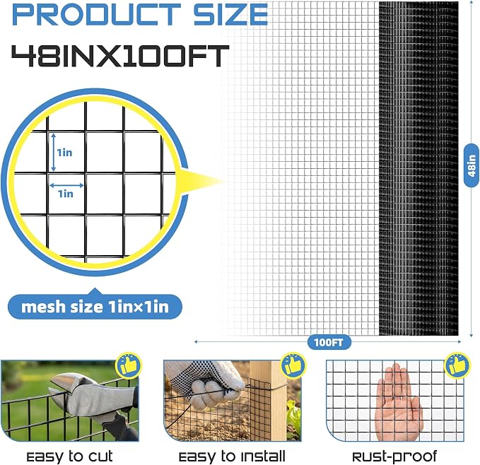 Black 1 inch Hardware Cloth 48in x 100ft 16 Gauge Black Coated Welded Wire Fence Vinyl Metal Wire Mesh for Chicken Coop Barrier, Rabbit Snake Fences, Poultry Enclosures