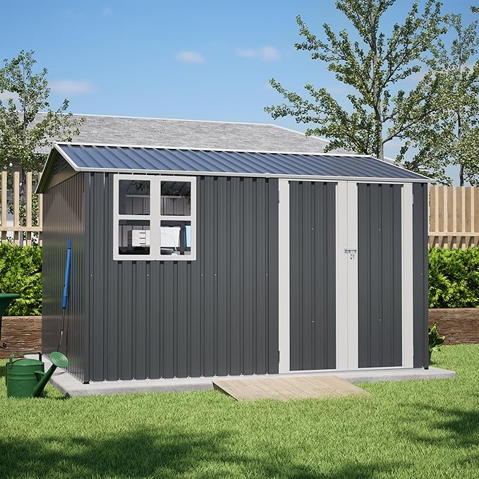 KEIKI Storage Shed 10x8 FT, Large Metal Tool Shed for Outdoor Storage, Galvanized Steel Garden Shed with Lockable Doors for Patio, Backyard, Lawn, Grey