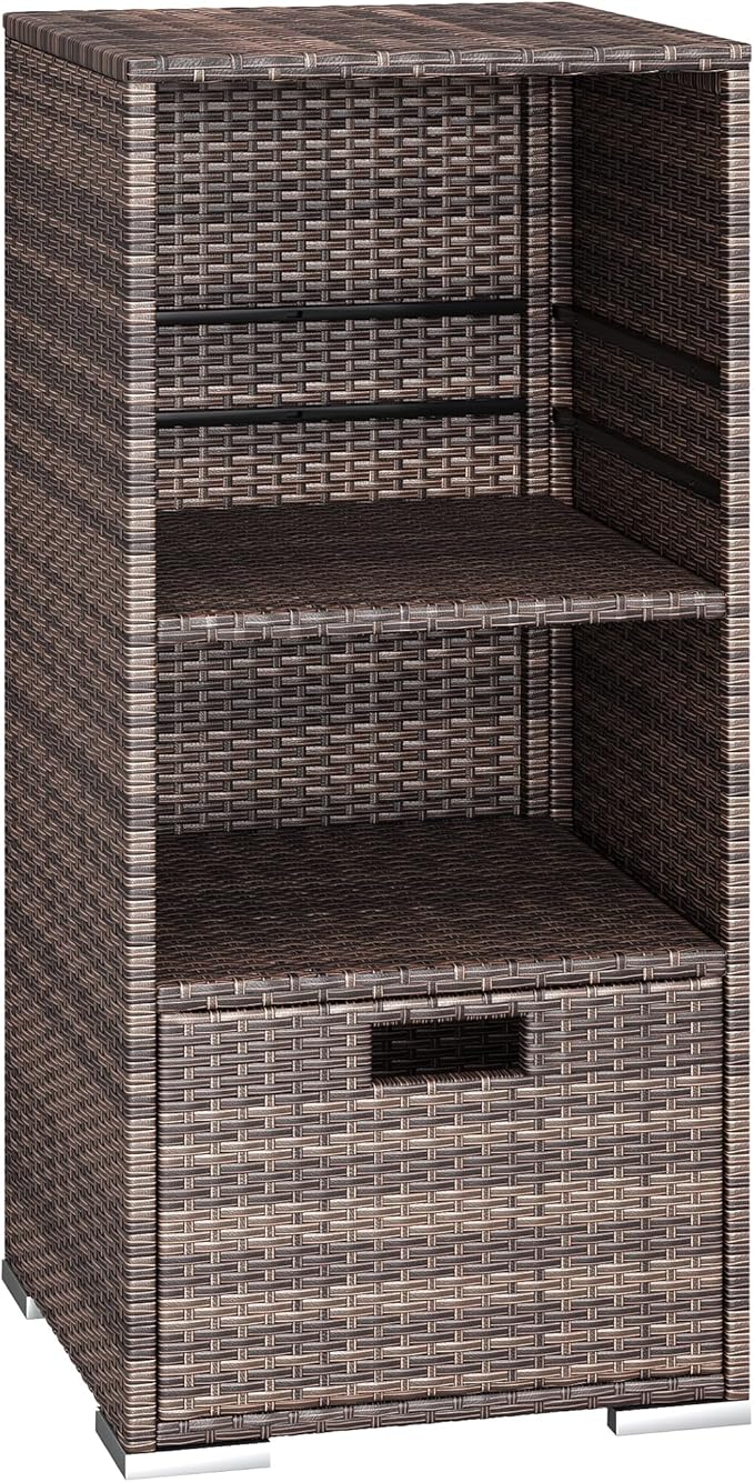 Greesum Rattan Storage Shed, Outdoor Towel Rack with 2 Storage Shelves & 1 Bottom Drawer, Suitable for Pool Patio Garden Deck, Brown
