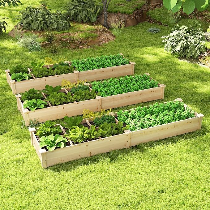 Giantex Wooden Raised Garden Bed with 2 Planter Boxes & Dividers, 90"x25"x10" Raised Bed for Flowers Vegetables Fruits Herbs Gardening Planting, Outdoor Garden Box for Patio Backyard Lawn (1)
