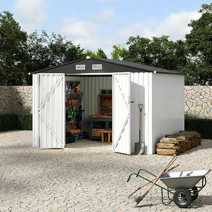6x8 ft Outdoor Storage Sheds,Multi-Functional Metal Shed with Lockable Doors and Air Vents for Backyard Garden Patio Lawn,White