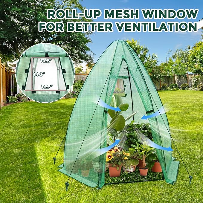 EAGLE PEAK Portable Mini Dome Greenhouse with Zippered Door and Mesh Window, Outdoor Mini Hexagon Greenhouse Kit for Indoor Outdoor Gardening 6' x 5'3'', Green PE Cover