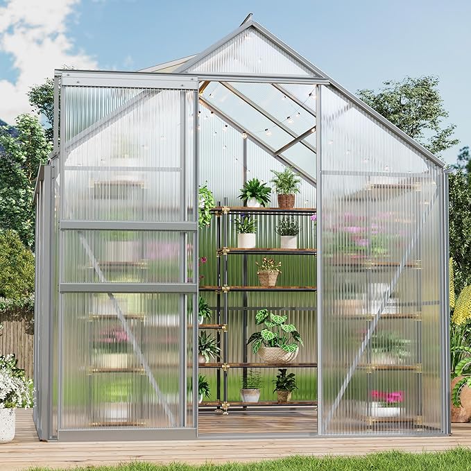 6x6FT Greenhouse for Outdoors, Walk-in Polycarbonate Greenhouse with Sliding Door, Adjustable Roof Vent & Gutter System, Portable Outdoor Green House Kit for Winter Gardening