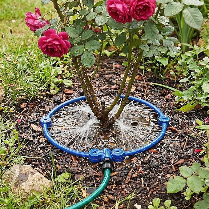 4 Pcs 360° Tree Water System Tree Root Watering Ring 13 Inch Circle Sprinkler Irrigation Slow Release Targeted Water with Y Hose Splitter for New Tree Outdoor Plants Raised Garden Beds (Blue, Small)