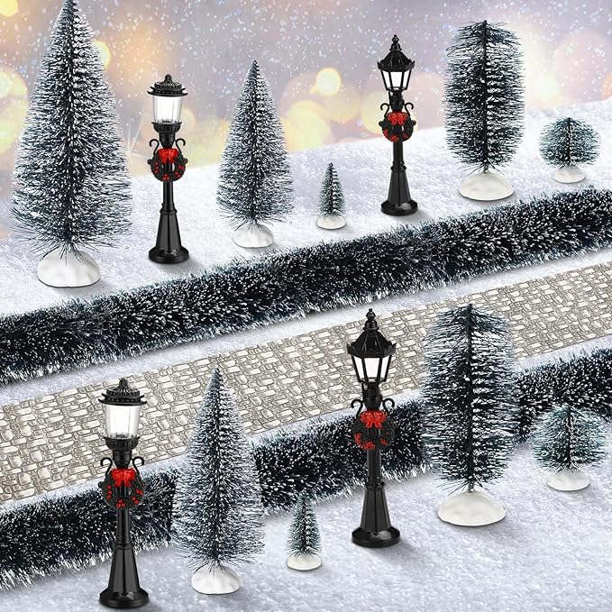 Hotop 18pc Christmas Village Accessories 47.2 Inch Village Roads Mini Snowy Trees Streets Light Lamppost Hedge Figurines Set for Display Winter Holiday Decorations DIY Crafts No Batteries(Cool)