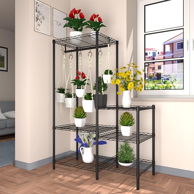 Xiofio 6-Tier Plant Stand for Indoor Outdoor,Metal Plant Shelf,Adjustable Plant Stand Suitable for Bedroom Living Room Balcony Garden,Black
