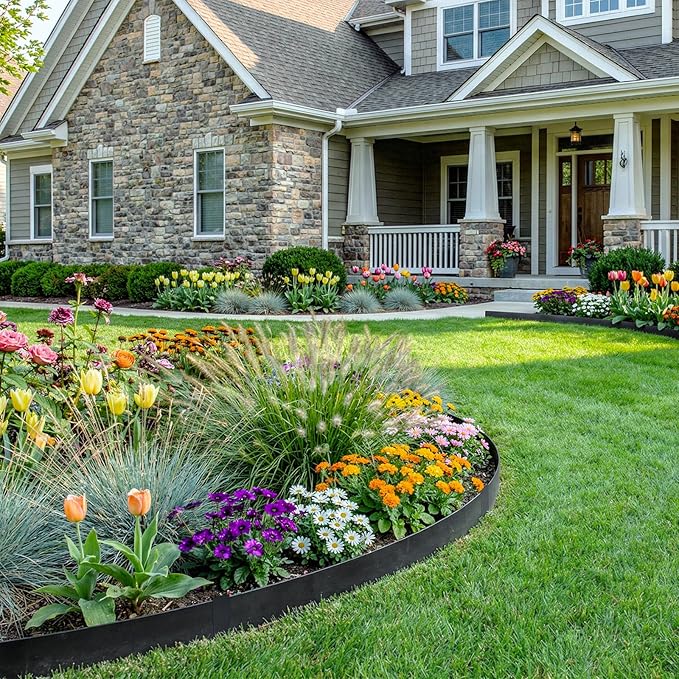 20ft. Metal Edging for Landscaping, Black Galvanized Steel Landscape Edging with 7 Stakes and a Pair of Gloves, Bendable Hammer-in Metal Lawn Edging for Fence, Flower Beds (6 Pack, 40" L x 8" H)