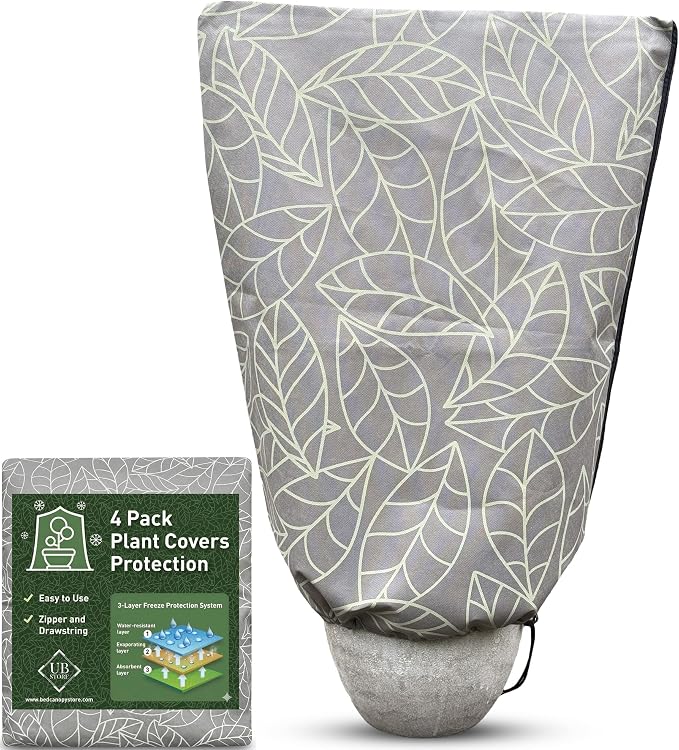 Plant Covers Freeze Protection 24"x32" in 4 Pack | Brown Winter Frost Blankets for Outdoor Plants | Reusable Garden Cover Bags with Zipper Drawstring | Cold Weather Shrub Protection Cloth