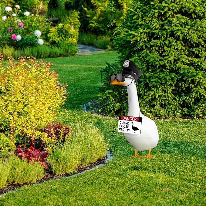 CAMDUCK 3 Pcs Porch Goose Accessories Porch Goose Sign Goose Police Hat Eyeglasses Wooden Gooses Warning Sign Danger Guard Goose on Duty Warning Sign Goose Outfits Decor for Yard Porch Lawn