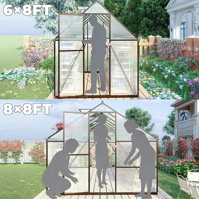 8x8 FT Greenhouse for Outdoors, Polycarbonate Greenhouse with Quick Setup Structure and Roof Vent, Aluminum Large Walk-in Green House for Outside Garden Backyard, Dark Gray