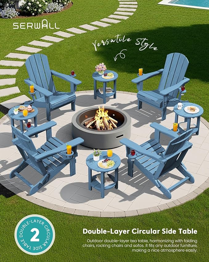 SERWALL Round Outdoor Side Table Set of 2, HDPE Small Adirondack Double End Table, Navy