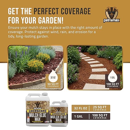 Petra Max Lockscape Mulch Glue for Landscaping -4 Gals - Strongest 3X Concentrated - Pet Safe Lockdown Sticky Mulch and Rock Glue for Pea Gravel 100% Permeable Binder Spray for Pine Straw, Wood Chips