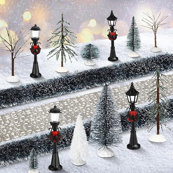 Hotop 18pc Christmas Village Accessories 47.2 Inch Village Roads Mini Snowy Trees Streets Light Lamppost Hedge Figurines Set for Display Winter Holiday Decorations DIY Crafts No Batteries(Rustic)