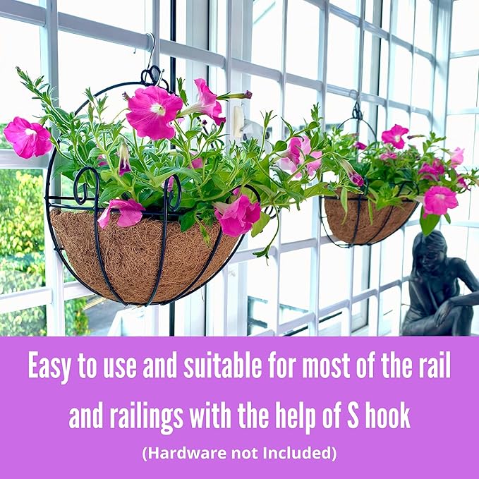 ShopLaLa Wall Hanging Planter for Outdoor Plants (12 Inch, 2 Pack) Wall Mounted Flower Baskets with Coco Liner for Outside Plant, Fence Railings Pots Holder Balcony Deck Porch Modern Garden Decor