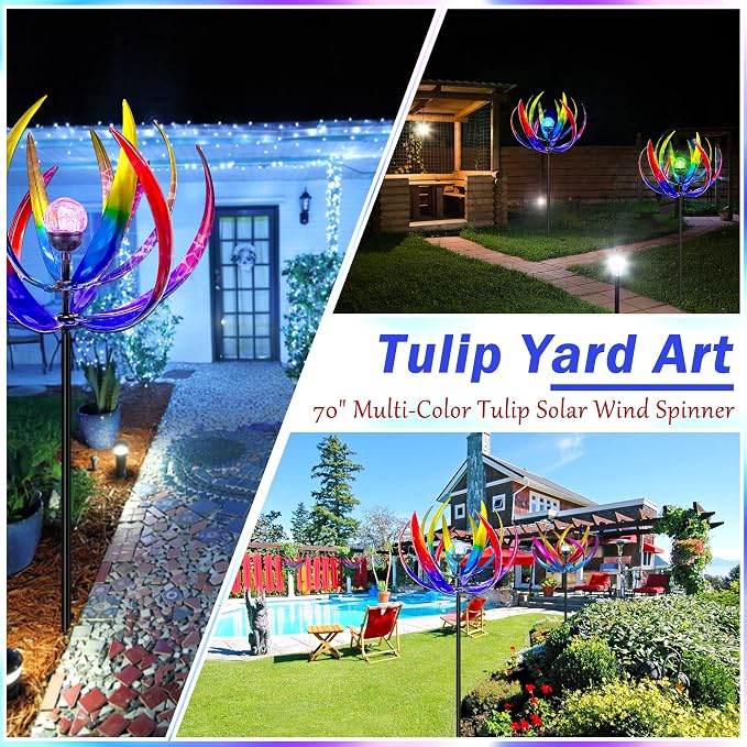 Wind Spinners Outdoor for Yard and Garden - Wind Sculptures & Spinners - 70 Inch Wind Spinner with Solar Powered Multi-Color Glass Ball Light for Yard Garden Backyard Lawn Decorations-Multicolored