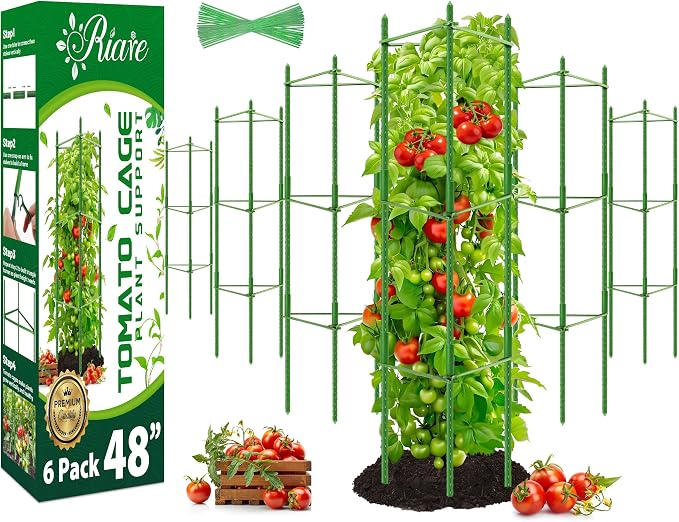 Riare 6 Pack 4 FT Tomato Cages for Garden- 48inches Heavy Duty Garden Stakes, Adjustable Tall Tomato Plant Support Tomato Trellis Cage for Pots, Raised Garden Bed, Climbing Vegetables Plants Flowers