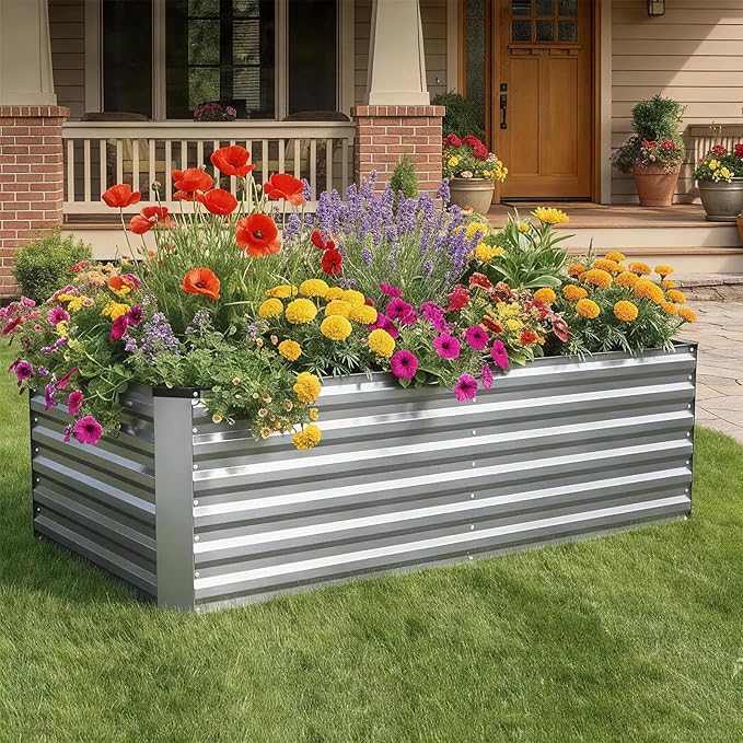 8x3x2FT Galvanized Raised Garden Bed, Outdoor Metal Raised Planter Box for Vegetables, Elevated Rust-Resistant Rectangle Gardening Container Kit with Reinforced Panels for Backyard, Patio(Silver)
