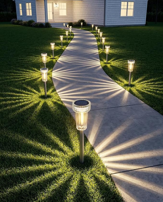 DERAYSION 12 Pack Solar Pathway Lights Outdoor, Solar Powered Garden Lights Auto On/Off, Waterproof Stainless Steel Pole Landscape Lighting for Path, Yard, Walkway, Driveway Decor - Warm White
