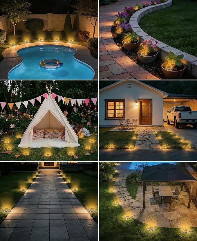 LOTMOS 4 Pack Solar Ground Lights Outdoor, 8 LED Solar Flat Lights IP68 Waterproof Disc Light, Landscape Lighting Solar Powered for Garden Yard Path Driveway Lawn Patio Walkway, Warm White