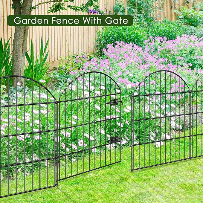 FOREHOGAR Metal Garden Fence with Gate 28in (H) x 18.7ft (L), 1 Gate + 7 Panels Dog Fence Border Fence Animal Barrier, No Dig Garden Fencing for Yard Flower Bed Lawn Patio Outdoor, ECG2829 Black