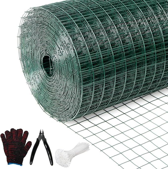 Hardware Cloth 1' 36in x 100ft Chicken Wire, Green Garden Fence, PVC Coated Metal Welded Wire Mesh for Preventing Snakes, Raccoons, Foxes, Poultry Netting