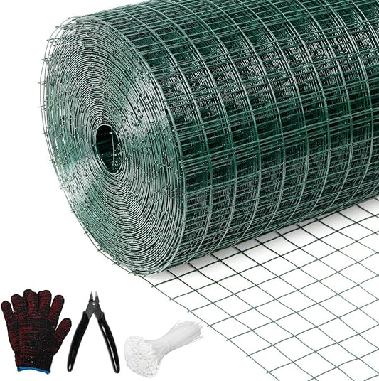 Hardware Cloth 1' 24in x 100ft Chicken Wire, Green Garden Fence, PVC Coated Metal Welded Wire Mesh for Preventing Snakes, Raccoons, Foxes, Poultry Netting