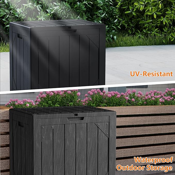 Outdoor Storage Deck Box Waterproof,30 Gallon Lockable Patio Package Delivery Bin as Seat, Resin Storage Container Bench for Furniture Cushions, Pool Accessories, Garden Tools, Black